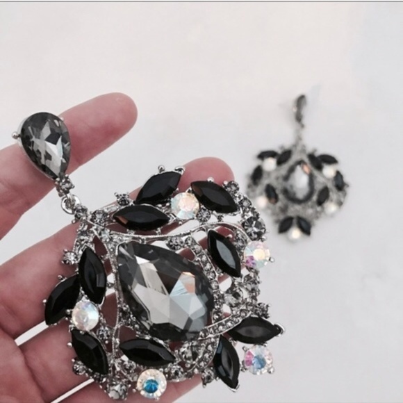 The Headshot Collection Jewelry - LARGE Pageant Earrings Black Silver AB Stone